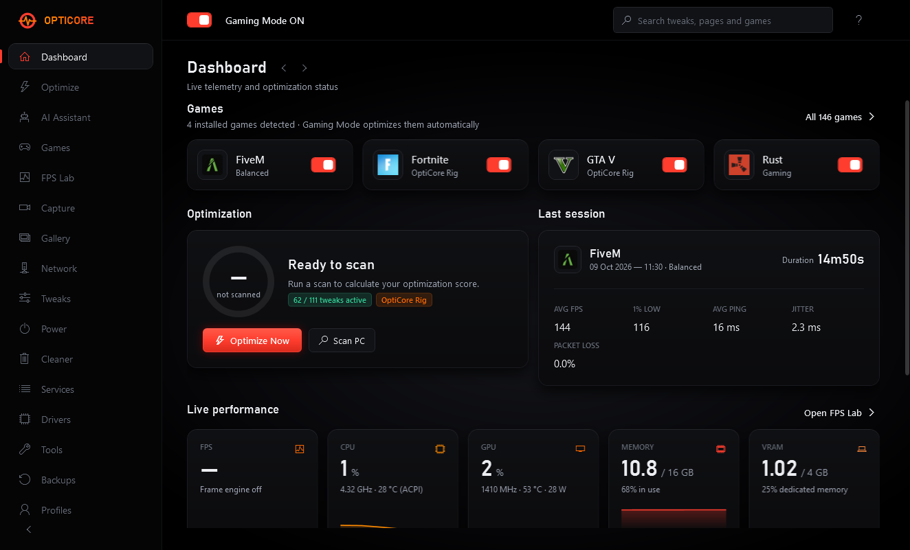 OptiCore dashboard showing detected games, optimization score and live CPU, GPU and memory stats